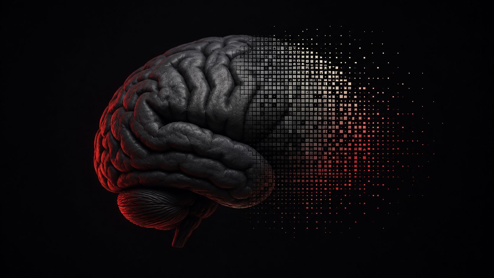 A brain whose right hemisphere dissolves into an ordered field of red and white squares.